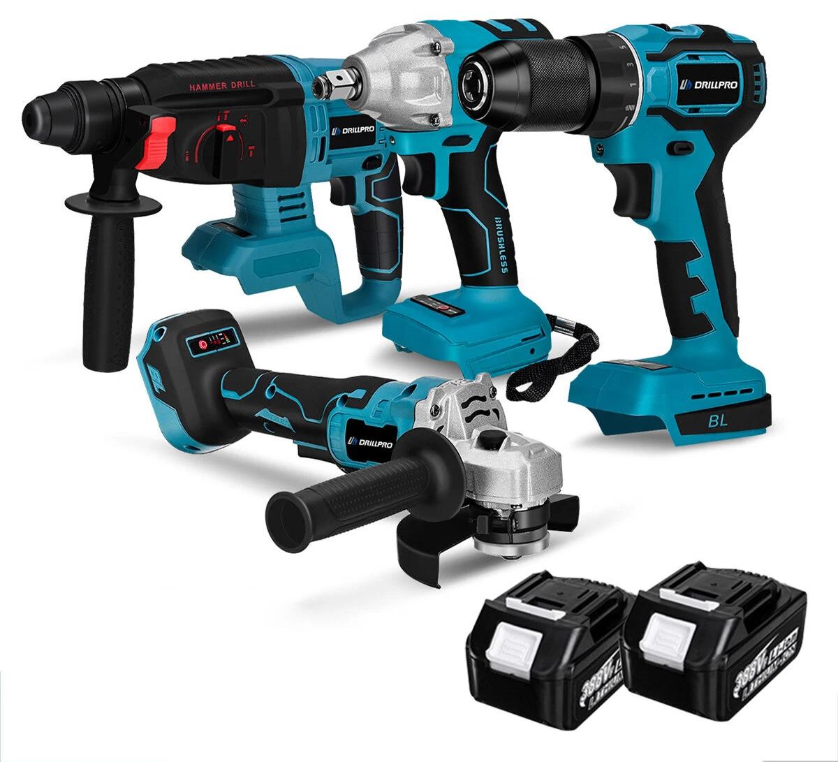 DrillPro aku set uťahovača, rázového uťahovača, vŕtačky a brúsky