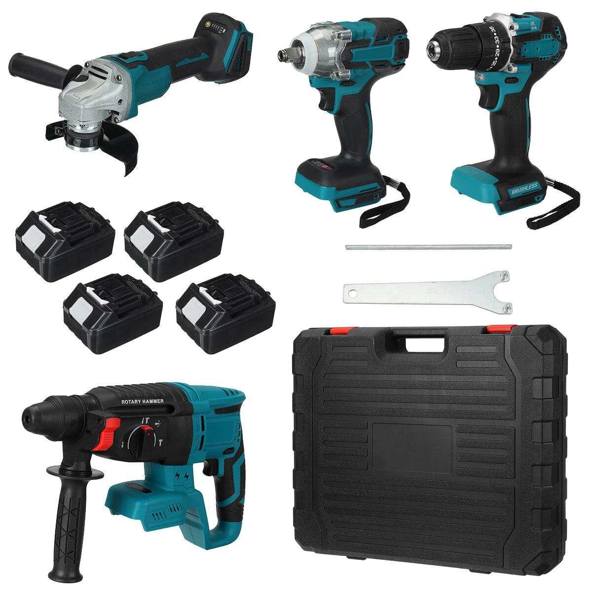DrillPro aku set uťahovača, rázového uťahovača, vŕtačky a brúsky